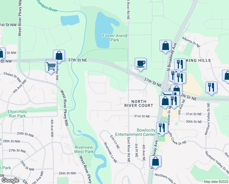 map of restaurants, bars, coffee shops, grocery stores, and more near 280 Penny Lane Northeast in Rochester