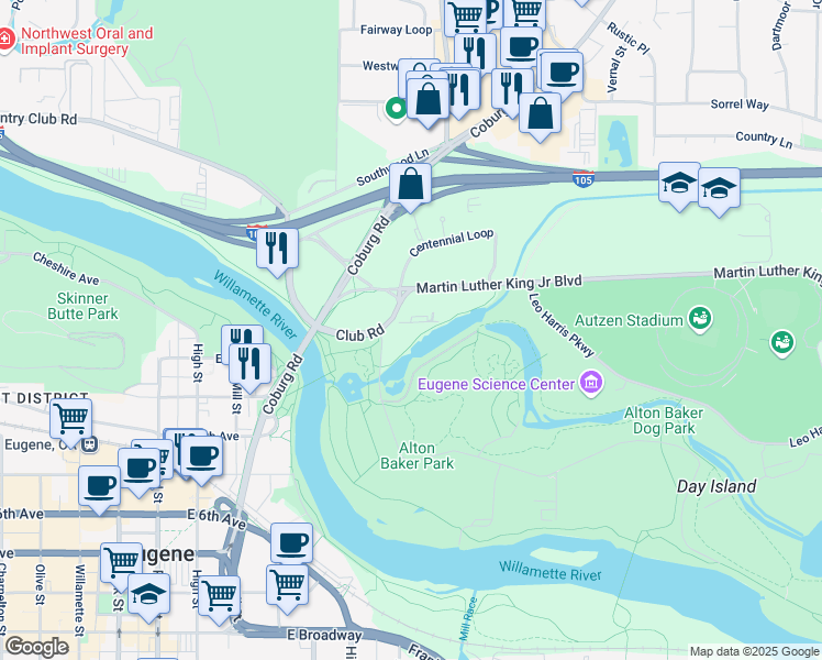 map of restaurants, bars, coffee shops, grocery stores, and more near 155 Day Island Road in Eugene