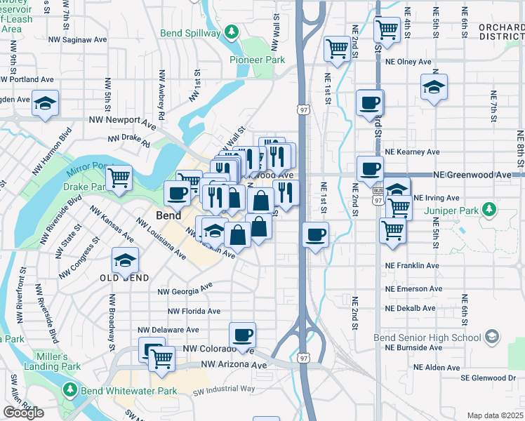 map of restaurants, bars, coffee shops, grocery stores, and more near 138 Northwest Hawthorne Avenue in Bend
