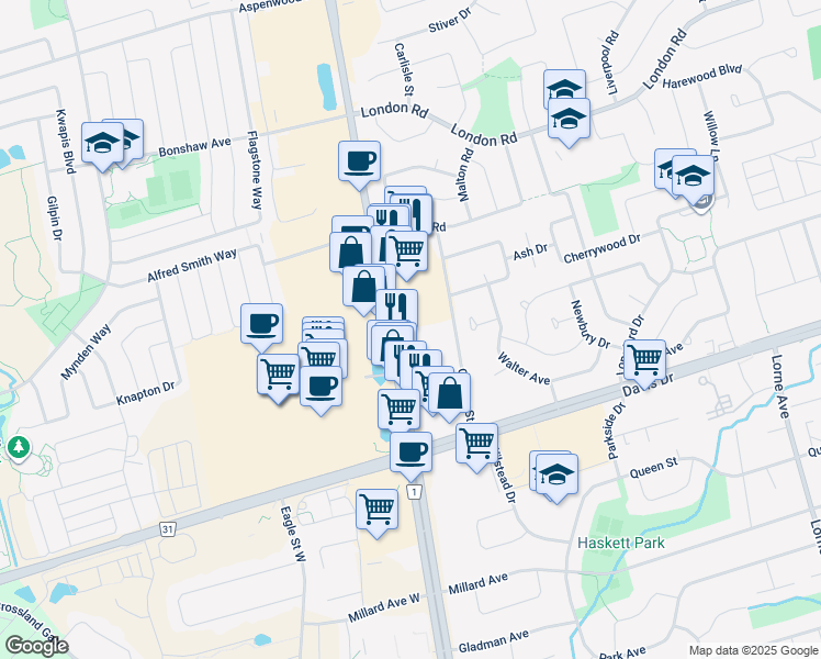 map of restaurants, bars, coffee shops, grocery stores, and more near 17645 Yonge Street in Newmarket