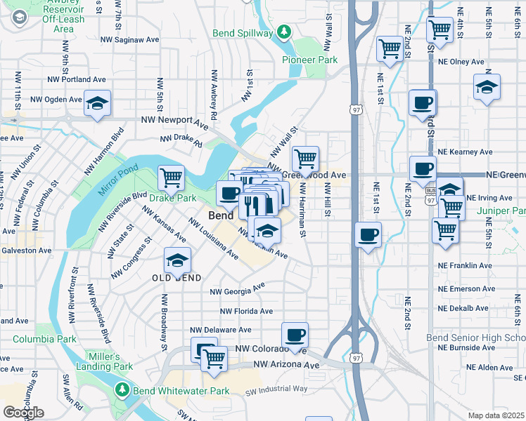 map of restaurants, bars, coffee shops, grocery stores, and more near 920 Northwest Bond Street in Bend