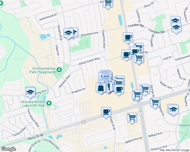map of restaurants, bars, coffee shops, grocery stores, and more near 143 Gail Parks Crescent in Newmarket