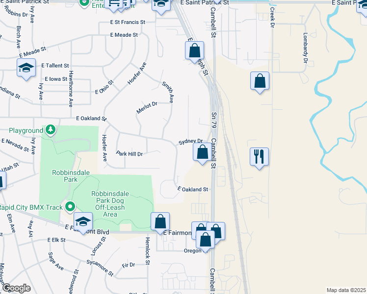 map of restaurants, bars, coffee shops, grocery stores, and more near 1308 East Oakland Street in Rapid City