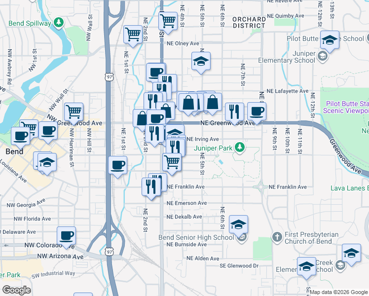 map of restaurants, bars, coffee shops, grocery stores, and more near 408 Northeast Hawthorne Avenue in Bend