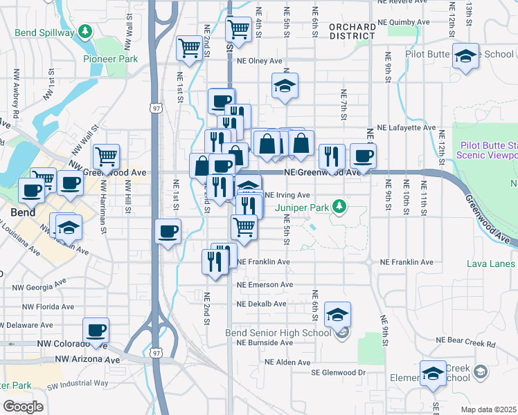 map of restaurants, bars, coffee shops, grocery stores, and more near 408 Northeast Hawthorne Avenue in Bend