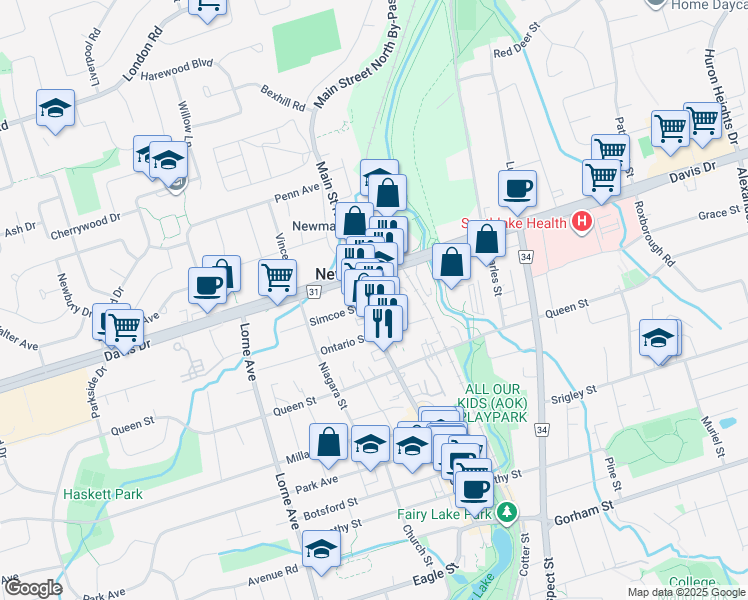 map of restaurants, bars, coffee shops, grocery stores, and more near 40 Main Street South in Newmarket