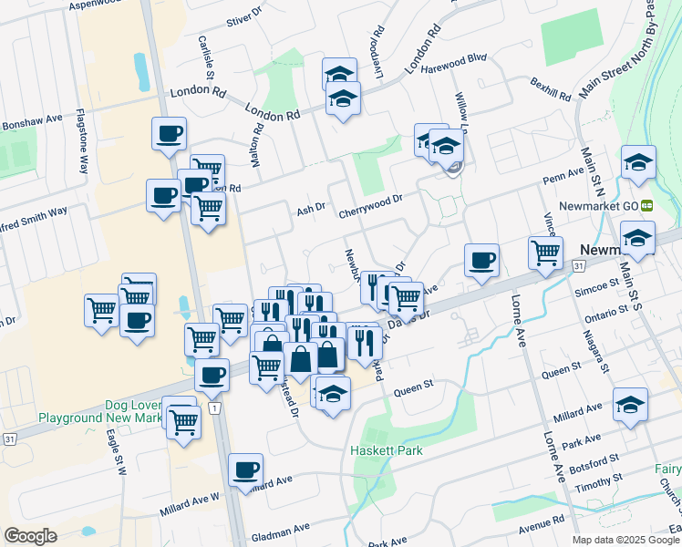 map of restaurants, bars, coffee shops, grocery stores, and more near in Newmarket