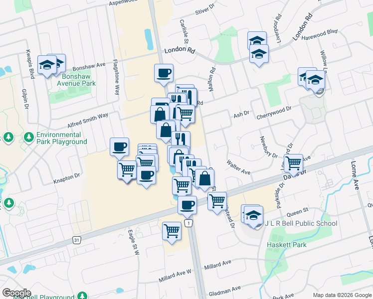 map of restaurants, bars, coffee shops, grocery stores, and more near Yonge Street in Newmarket