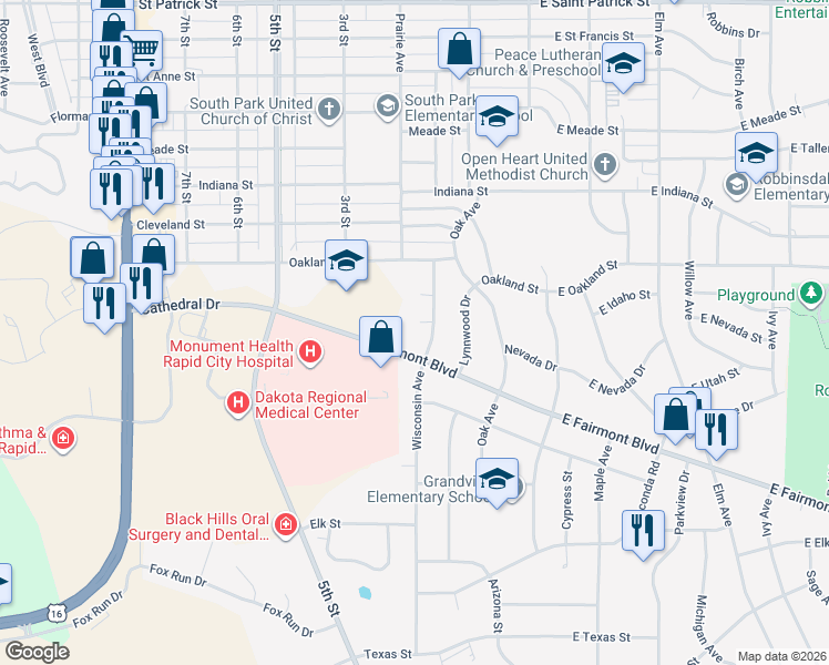 map of restaurants, bars, coffee shops, grocery stores, and more near 2805 Wisconsin Avenue in Rapid City