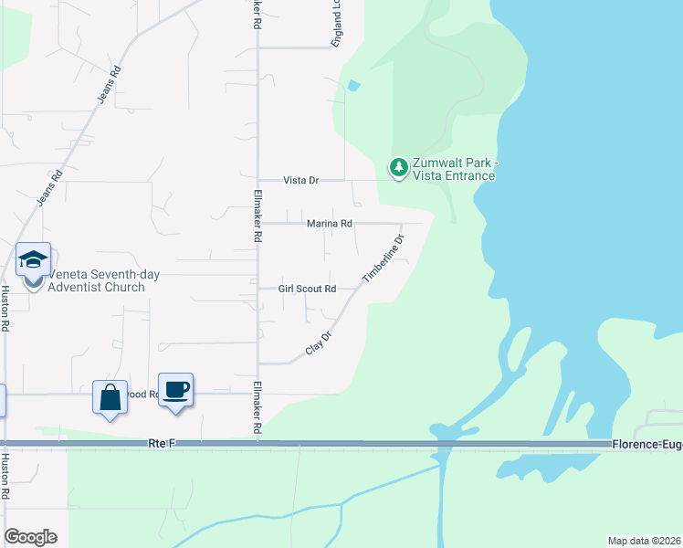 map of restaurants, bars, coffee shops, grocery stores, and more near 26055 Girl Scout Road in Veneta