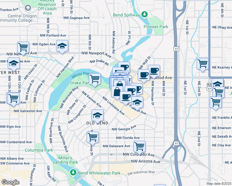 map of restaurants, bars, coffee shops, grocery stores, and more near 714 Northwest Franklin Avenue in Bend