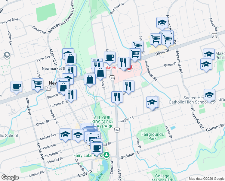 map of restaurants, bars, coffee shops, grocery stores, and more near 66 Prospect Street in Newmarket