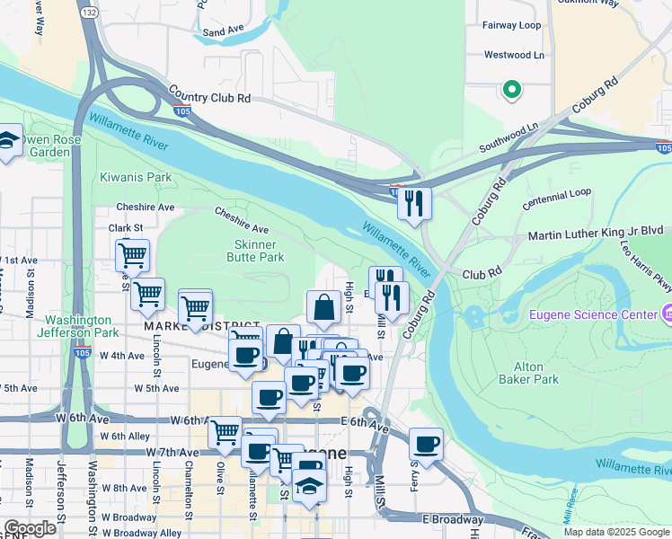 map of restaurants, bars, coffee shops, grocery stores, and more near 110 High Street in Eugene