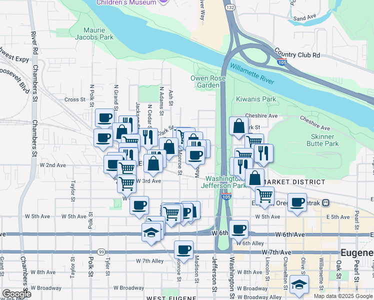 map of restaurants, bars, coffee shops, grocery stores, and more near 160 Madison Street in Eugene