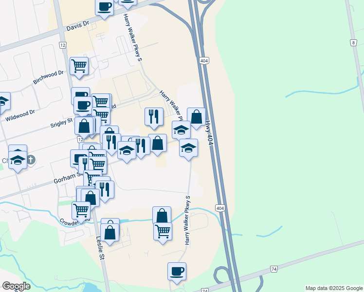 map of restaurants, bars, coffee shops, grocery stores, and more near 1260 Gorham Street in Newmarket