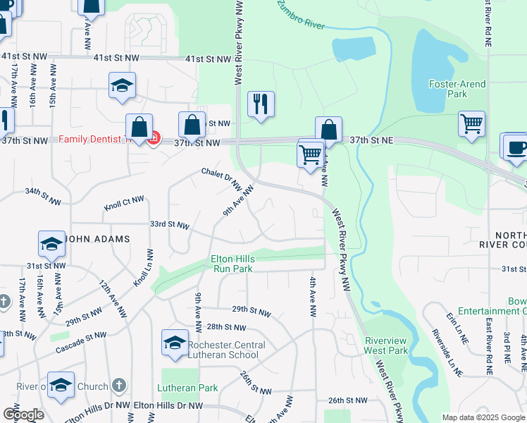 map of restaurants, bars, coffee shops, grocery stores, and more near 7 Elton Ridge Court Northwest in Rochester