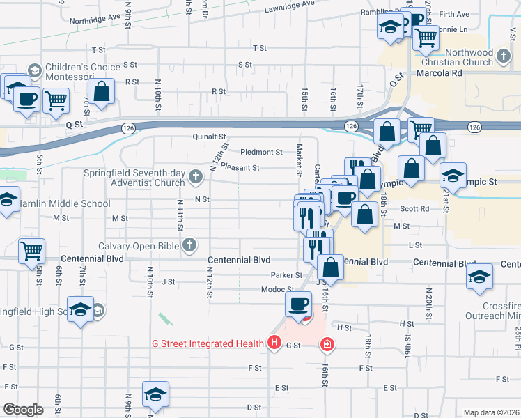 map of restaurants, bars, coffee shops, grocery stores, and more near 1345 M Street in Springfield