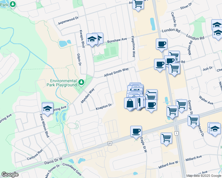 map of restaurants, bars, coffee shops, grocery stores, and more near 211 Knapton Drive in Newmarket