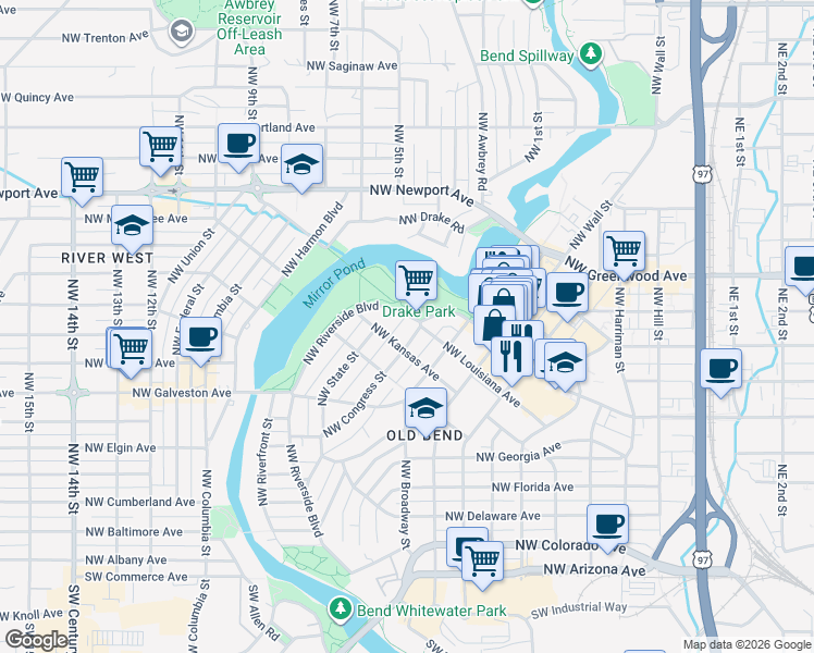 map of restaurants, bars, coffee shops, grocery stores, and more near 606 Northwest Congress Street in Bend