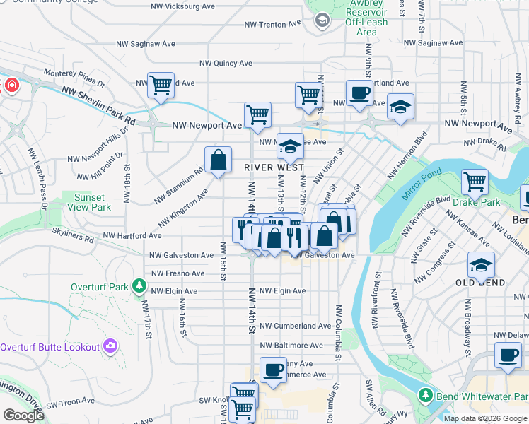 map of restaurants, bars, coffee shops, grocery stores, and more near 855 Northwest 13th Street in Bend