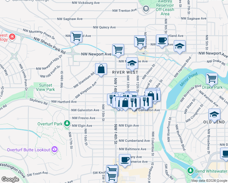 map of restaurants, bars, coffee shops, grocery stores, and more near 1405 Northwest Ithaca Avenue in Bend