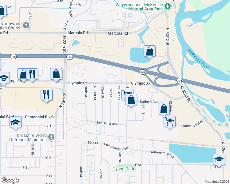 map of restaurants, bars, coffee shops, grocery stores, and more near 1348 33rd Street in Springfield