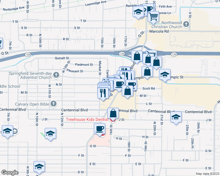 map of restaurants, bars, coffee shops, grocery stores, and more near 1414 Mohawk Boulevard in Springfield
