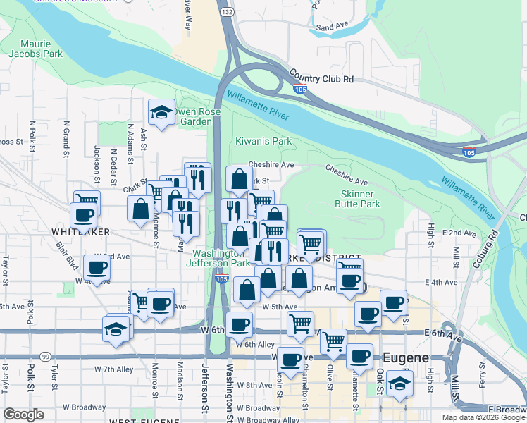 map of restaurants, bars, coffee shops, grocery stores, and more near 154 Lawrence Street in Eugene
