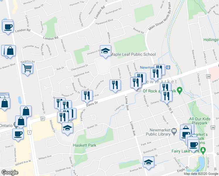 map of restaurants, bars, coffee shops, grocery stores, and more near 257 Davis Drive in Newmarket