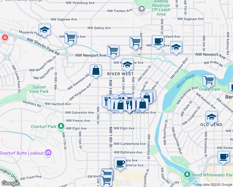 map of restaurants, bars, coffee shops, grocery stores, and more near 855 Northwest 13th Street in Bend