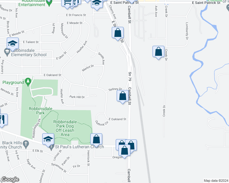 map of restaurants, bars, coffee shops, grocery stores, and more near 1323 Sydney Drive in Rapid City
