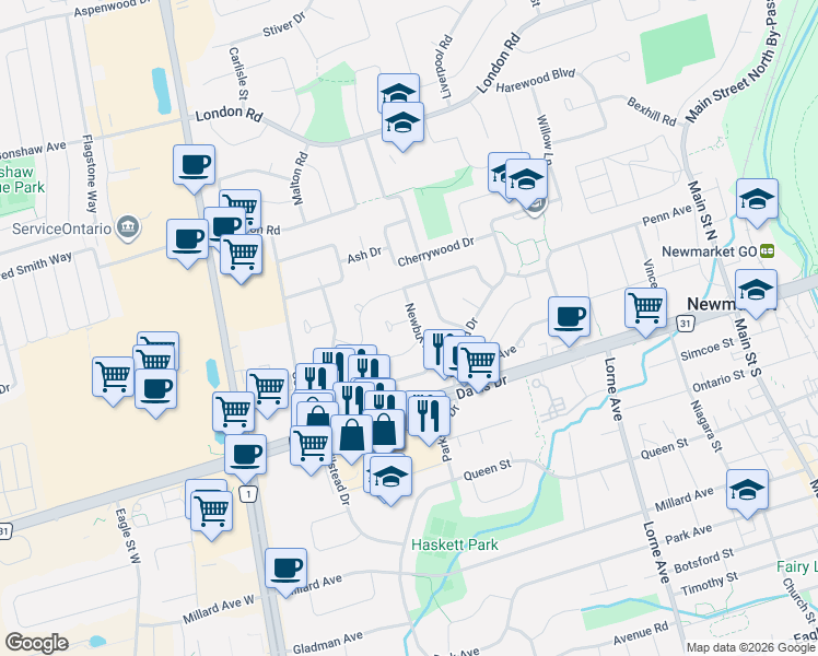 map of restaurants, bars, coffee shops, grocery stores, and more near 150 Maurice Court in Newmarket