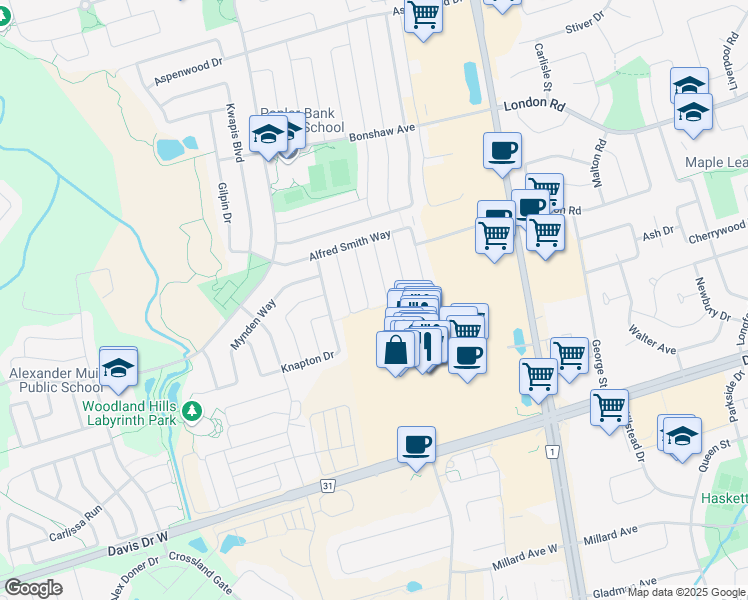 map of restaurants, bars, coffee shops, grocery stores, and more near 147 Gail Parks Crescent in Newmarket