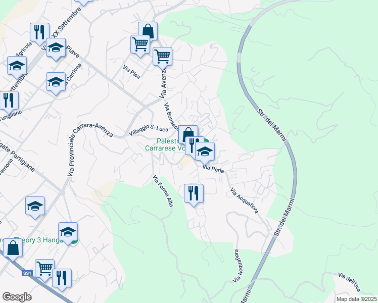 map of restaurants, bars, coffee shops, grocery stores, and more near 37 Strada Vicinale di Bonascola in Carrara