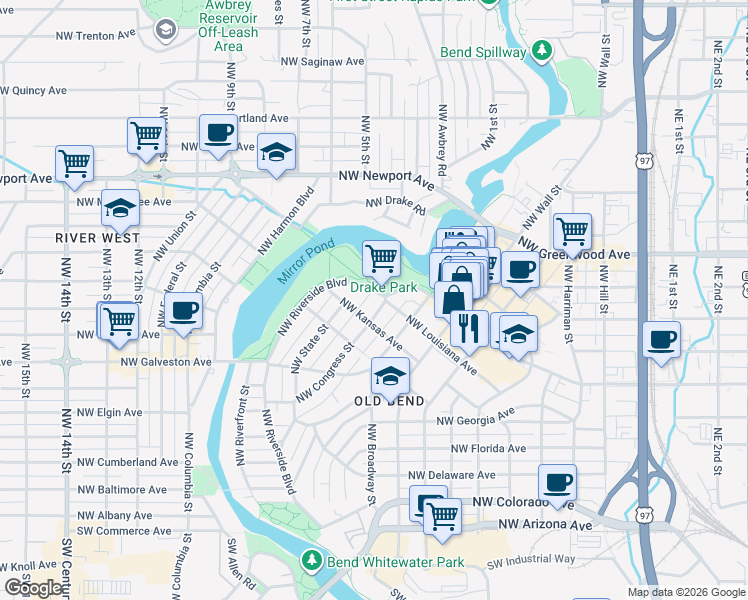 map of restaurants, bars, coffee shops, grocery stores, and more near 606 Northwest Congress Street in Bend
