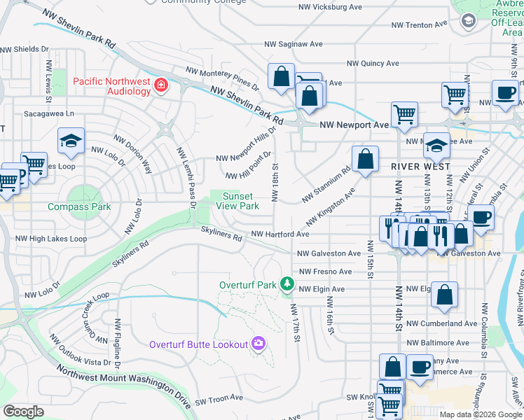 map of restaurants, bars, coffee shops, grocery stores, and more near 2373 Northwest Drouillard Avenue in Bend