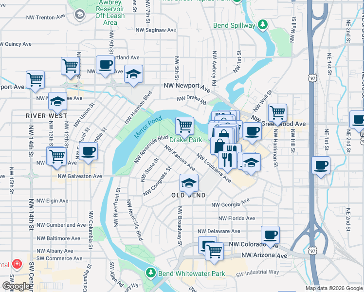 map of restaurants, bars, coffee shops, grocery stores, and more near 898 Northwest Riverside Boulevard in Bend