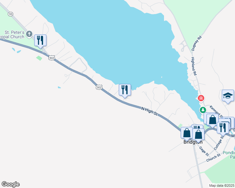 map of restaurants, bars, coffee shops, grocery stores, and more near 132 North High Street in Bridgton