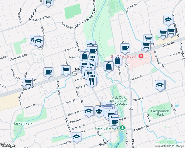 map of restaurants, bars, coffee shops, grocery stores, and more near 451 Simcoe Street in Newmarket