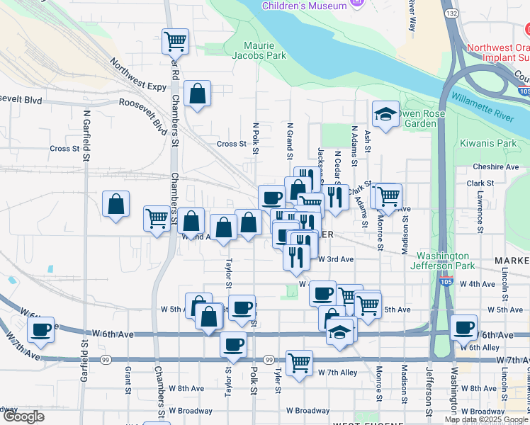 map of restaurants, bars, coffee shops, grocery stores, and more near 135 Blair Boulevard in Eugene