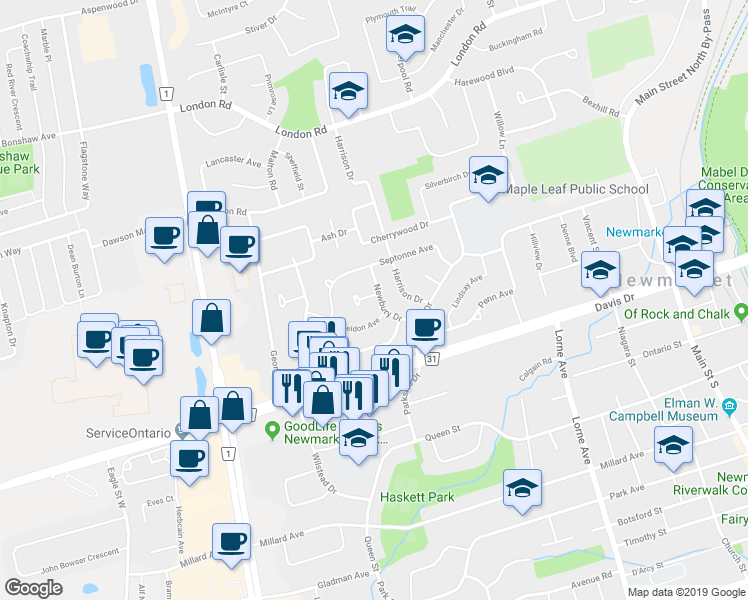 map of restaurants, bars, coffee shops, grocery stores, and more near 150 Maurice Court in Newmarket