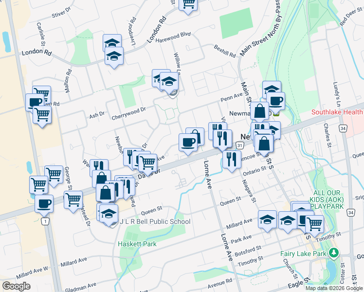 map of restaurants, bars, coffee shops, grocery stores, and more near 234 Penn Avenue in Newmarket