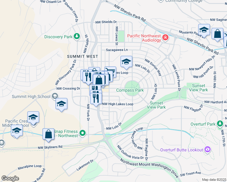 map of restaurants, bars, coffee shops, grocery stores, and more near 863 Northwest Fort Clatsop Street in Bend
