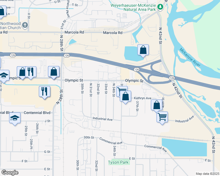 map of restaurants, bars, coffee shops, grocery stores, and more near 1348 33rd Street in Springfield
