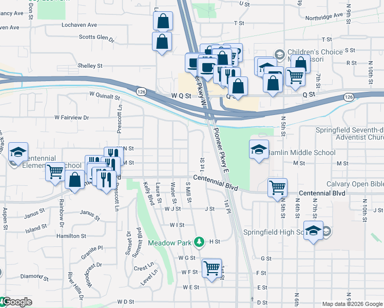 map of restaurants, bars, coffee shops, grocery stores, and more near 1333 Mill Street in Springfield