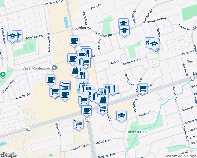 map of restaurants, bars, coffee shops, grocery stores, and more near in Newmarket