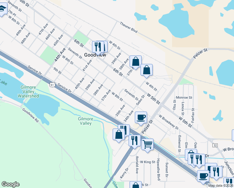 map of restaurants, bars, coffee shops, grocery stores, and more near 3550 West 8th Street in Goodview