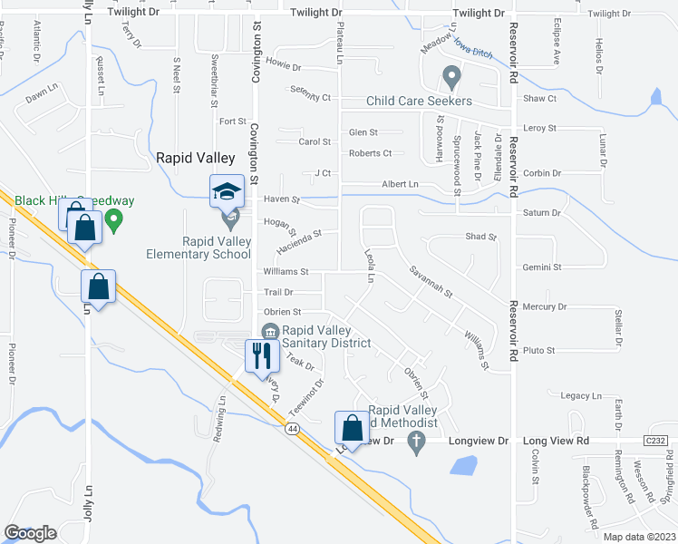 map of restaurants, bars, coffee shops, grocery stores, and more near 5401 Williams Street in Rapid City