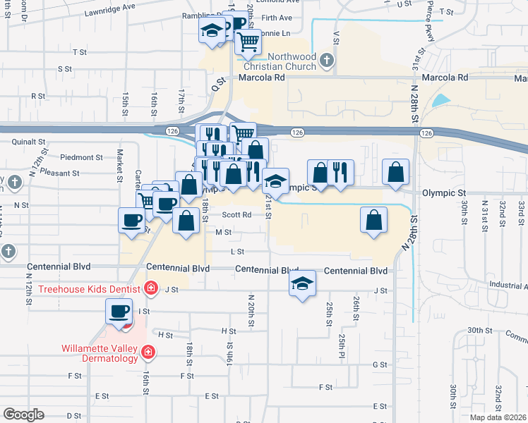 map of restaurants, bars, coffee shops, grocery stores, and more near 2068 Scott Road in Springfield