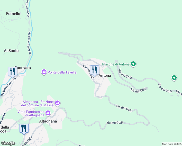 map of restaurants, bars, coffee shops, grocery stores, and more near 133 Via dei Colli in Provincia di Massa e Carrara